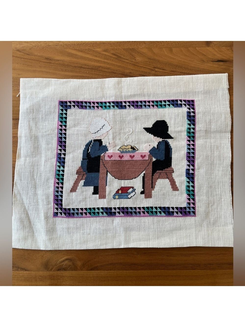 HAND MADE Cross Stitch Completed Picture Unframed Amish Boy & Girl Table Prayer